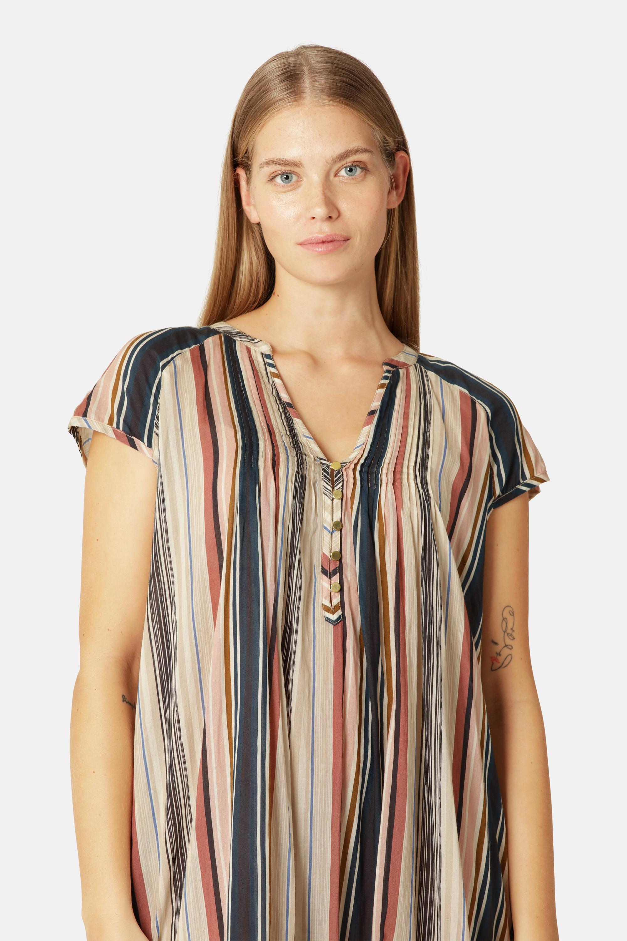 Lang Kjole med Korte Ermer Pintuck - Beige Organic Stripe